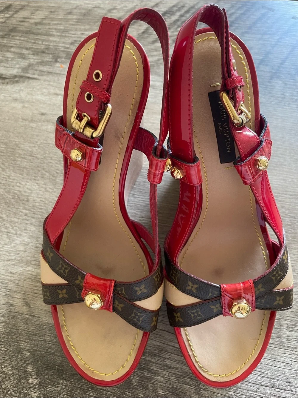 Louis Vuitton Red Patent Wedge Sandals with Brown Monogram Straps